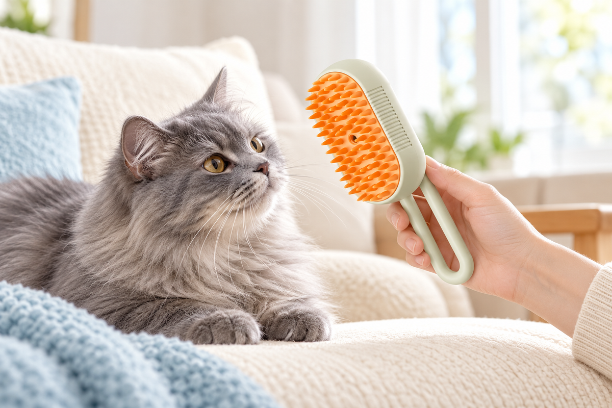 A gray cat inspecting the Galmino brush before grooming