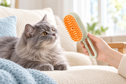 A gray cat inspecting the Galmino brush before grooming