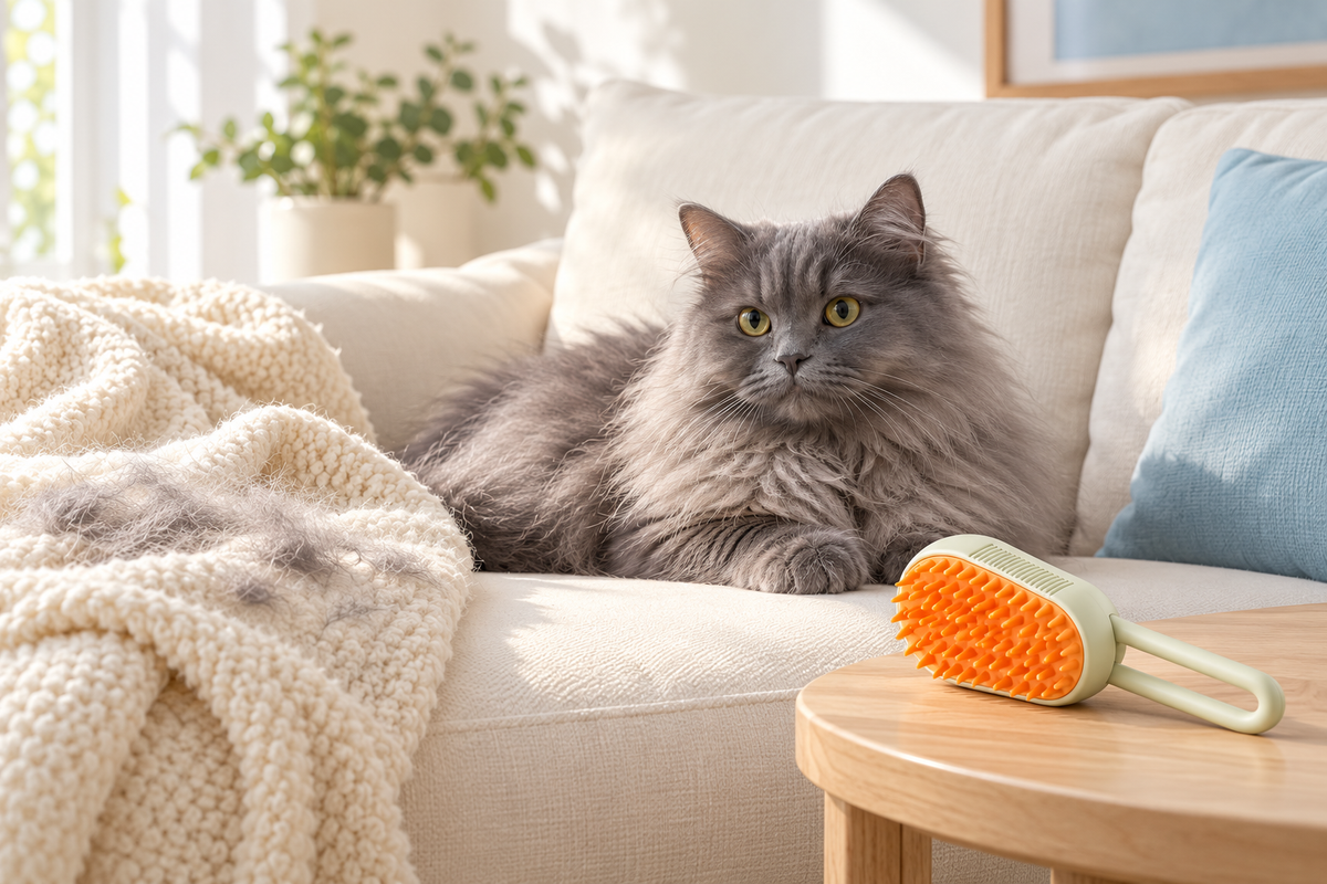 A gray cat beside a sofa and Galmino brush on a wooden table