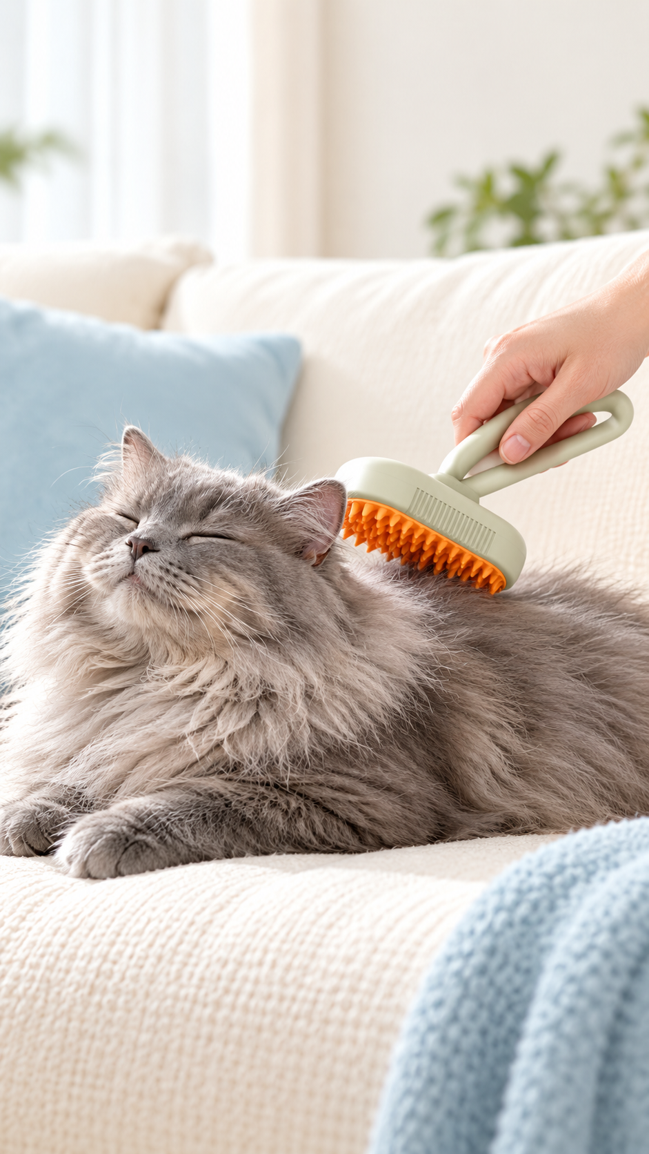 A gentle pass of the Galmino grooming brush over a gray cat