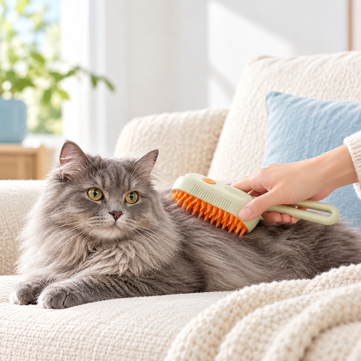 A gray cat receiving gentle brushing on a sofa