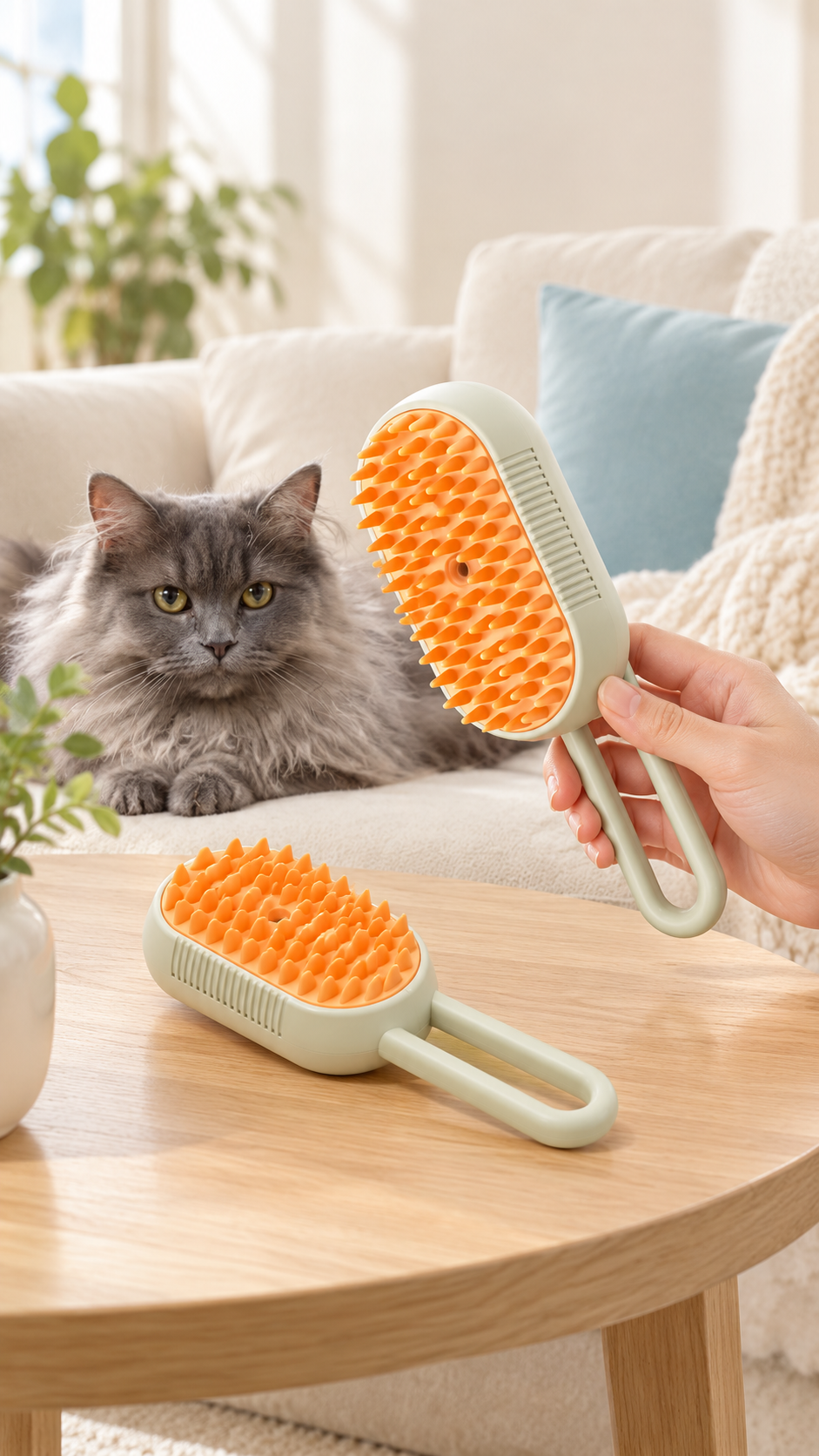 Two Galmino brushes in a cozy living room with a gray cat