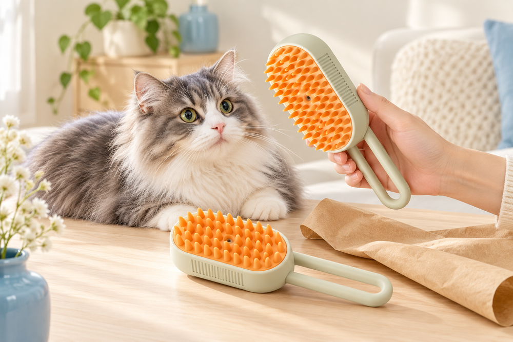 Two Galmino brushes beside a gray cat and kraft wrapping